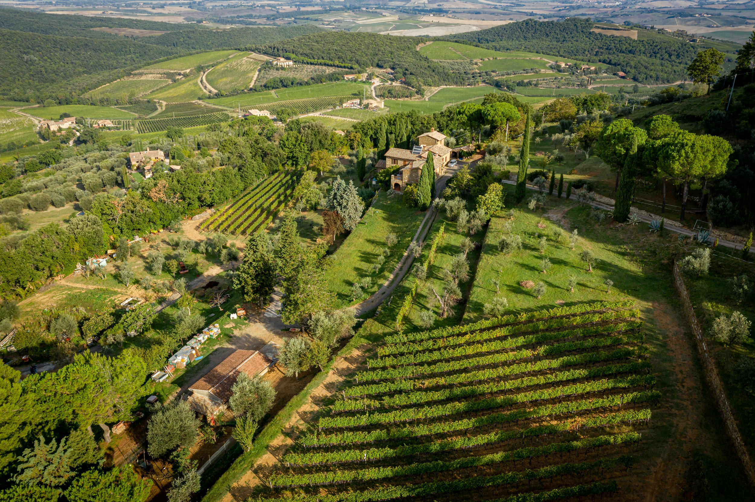 An aerial shot of a winery in  Tuscany